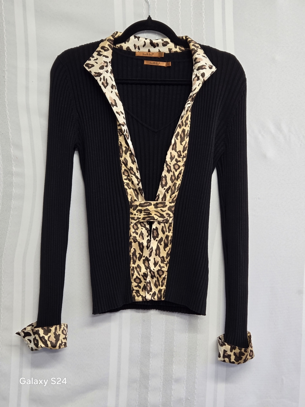 BELLDINI VINTAGE 2PC Black Ribbed Sweater/ TANK TOP  Leopard Trim SIZE XLARGE